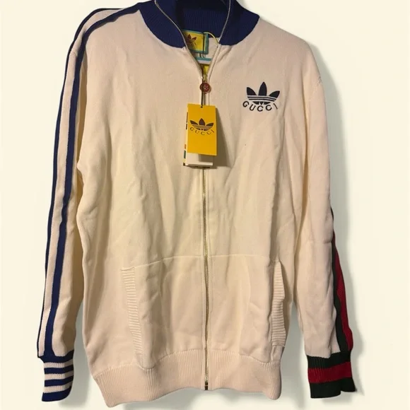 Gucci Cream Zip-Up Windbreaker with Blue & Red Stripe Accents - Picture 1 of 9